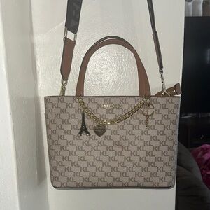 Karl Lagerfeld Beige & Brown Monogram Tote with Gold Charm Chain